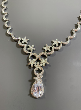 Vintage西洋古董回流淑女百搭水晶镶嵌月牙花朵元素短款礼服项链