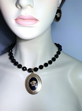 Vintage中古 MN打标个性黑金狮子头椭圆琉璃珠夸张项链耳钉戒指套