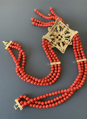 Vintage中古 喜庆新娘配饰中国红色琉璃珠多层菱形流苏坠项链