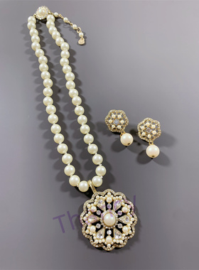 KC打标复古金色水晶花盘珍珠套装