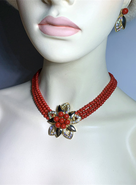 Vintage中古 喜庆新娘配饰本命年中国红琉璃珠多层短项链耳钉套装