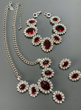 Vintage中古 SP打标质感酒红色切面水晶镶嵌短项链手链耳钉套装