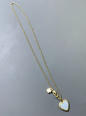 Vintage中古美国LK打标淡蓝色树脂爱心复古金铜豆豆短款锁骨项链