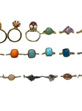 Vintage中古 LES/J C打标天然石头镶嵌立体珐琅精致百搭戒指合集