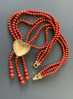 Vintage中古 暗红色琉璃珍珠金色爱心流苏坠短款项链女