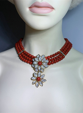 Vintage中古 新娘配饰本命年中国红色琉璃珠多层夸张项链手链套装