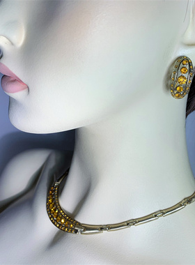 Vintage中古AR打标复古拉丝金色焦糖色水晶镶嵌耳夹手链项链套装