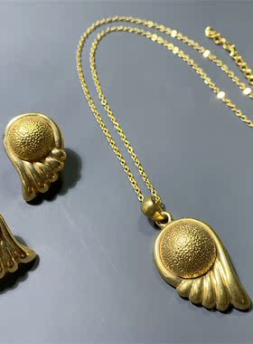 Vintage中古 巴黎品牌FL打标厚镀铑金经典素金锁骨链项链耳钉套装