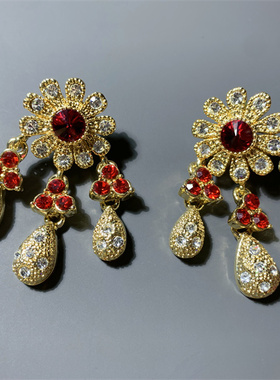 Vintage中古中国红色琉璃珠多层水晶耳环华丽项链套装