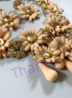 手工款欧美潮牌JCR打标铜镀真金树脂粉色花朵团簇耳钉项链套装