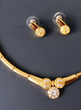 Vintage中古西洋回流质感极简百搭莱茵石耳钉窄款项圈项链套装