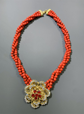 Vintage中古 喜庆新娘配饰本命年中国红色琉璃珠多层花朵坠短项链