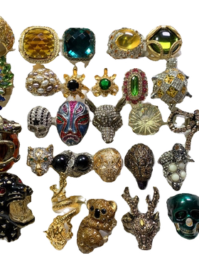 Vintage中古重工华丽琉璃水晶莱茵石动物造型KJL/NG/打标孤品戒指