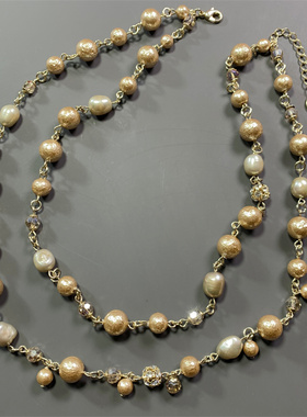 Vintage中古 ANY SIS打标天然巴洛克珍珠棉花珍珠双层水晶短项链