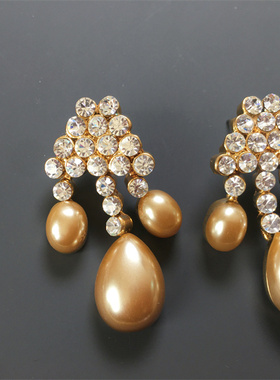 Vintage中古 优雅复古小香风香槟色水滴珍珠多层琉璃珍珠耳环项链