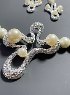 Vintage中古 设计师款白金色肌理几何造型琉璃珍珠短项链耳环套装