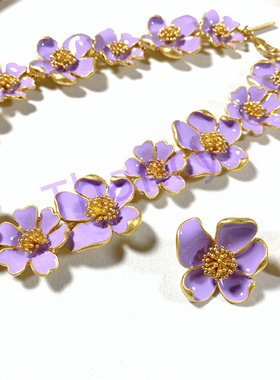 奥斯卡打标紫色花朵耳钉项链套装