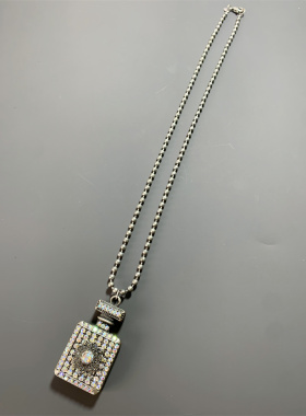 Vintage中古 AV0N打标复古烧银色炫彩钻立体香水瓶中长款项链