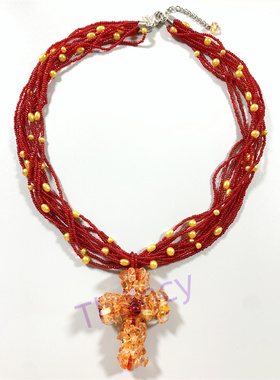 1928打标红色多层琉璃十字架项链