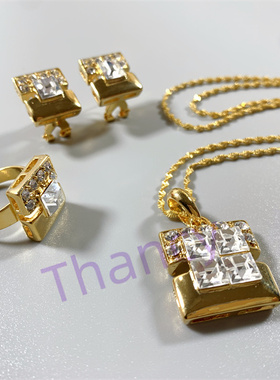 方块耳扣项链戒指套装