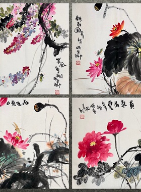 花鸟画纯手绘六尺八开牡丹荷花