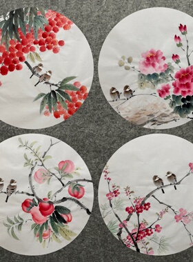 直径48厘米玄关装饰国画纯手绘走道梅花花鸟圆形荷花花鸟画画芯01