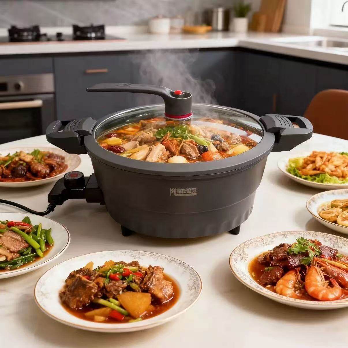 梅特德菲炒锅不粘锅家用电炒锅多功能一体麦饭石微压锅蒸煮速食锅