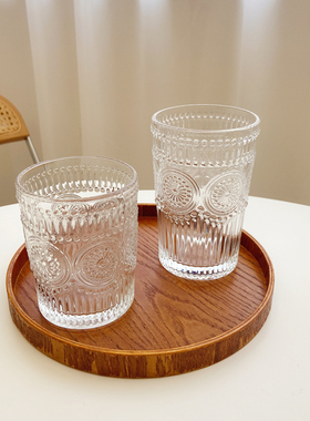 ins韩国玻璃杯水杯巴洛克风格法式复古浮雕透明玻璃杯酒杯牛奶杯