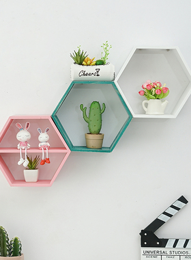 ins装饰六角木质置物架客厅墙壁挂墙面隔板搁卧室多层书架免打孔