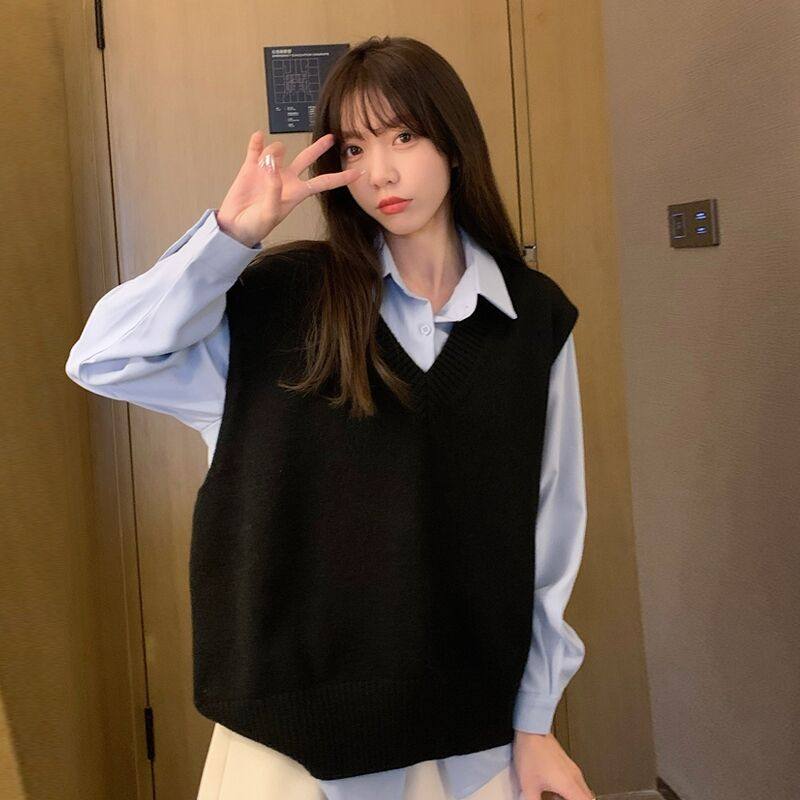 克莱因蓝V领针织马甲女春季外搭叠穿毛衣背心坎肩马夹衬衫两件套,淘宝优惠券,粉丝福利购,淘宝优惠卷