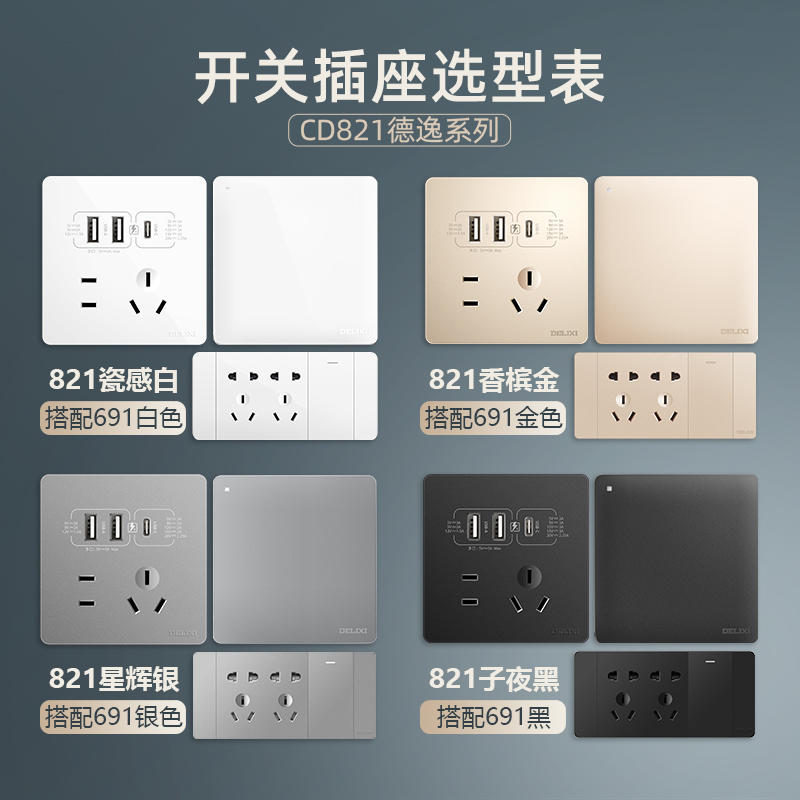 德力西开关插座多功能五孔双USB Type-C 45W手机快充家用插座面板 - 图1