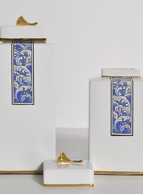 帝赛安家饰新中式样板间白色手绘描金陶瓷四方装饰罐软装陈设摆件