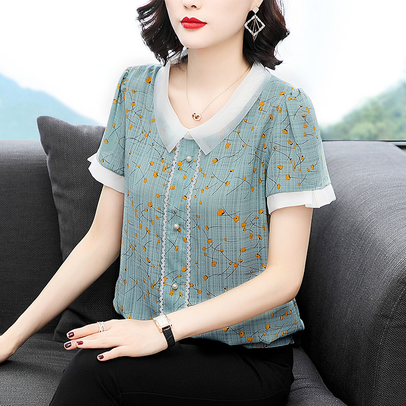 短袖大码夏胖mm碎花洋气网纱雪纺衫 茁美服饰蕾丝衫/雪纺衫