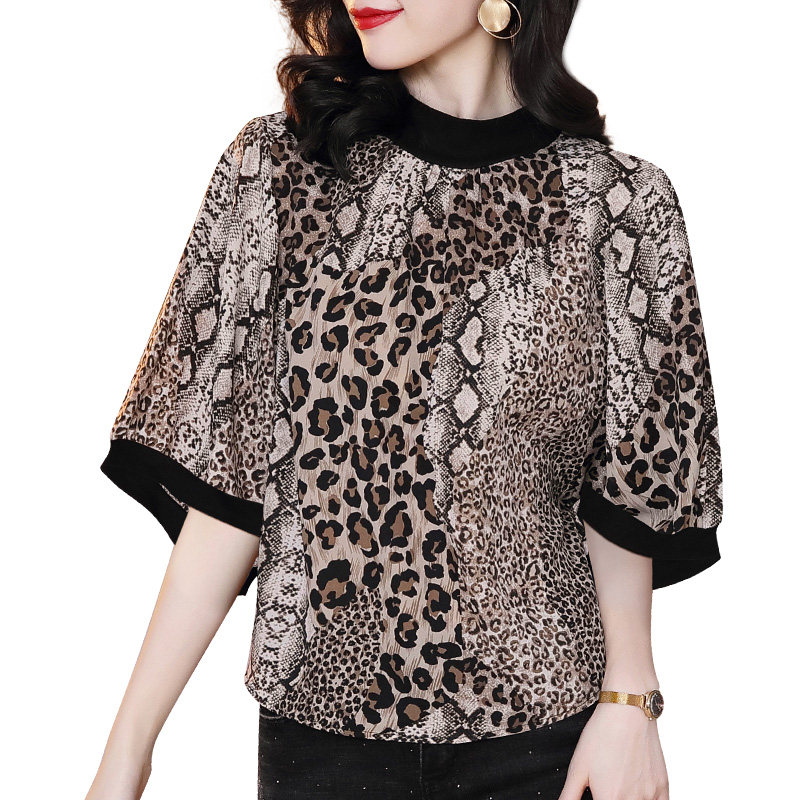 拼接百搭洋气七分袖胖mm豹纹t恤女 茁美服饰T恤