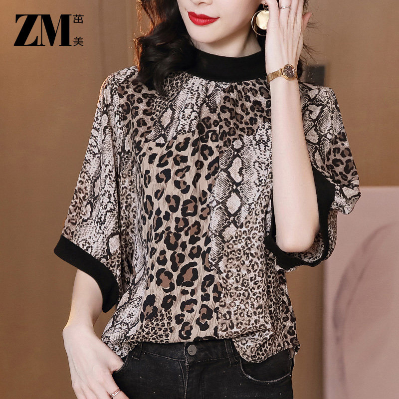 拼接百搭洋气七分袖胖mm豹纹t恤女 茁美服饰T恤