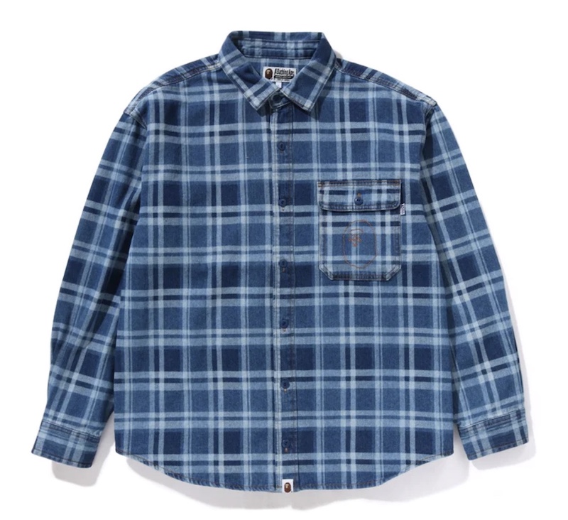 BAPE牛仔衬衫男长袖格子宽松街头潮流日本代购CHECK DENIM SHIRT