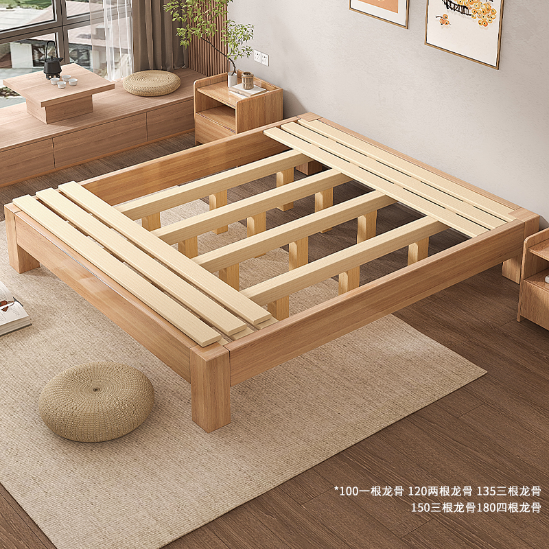 榻榻米实木床无床头简约现代双人床橡胶木排骨架单人床地台床定制 - 图0