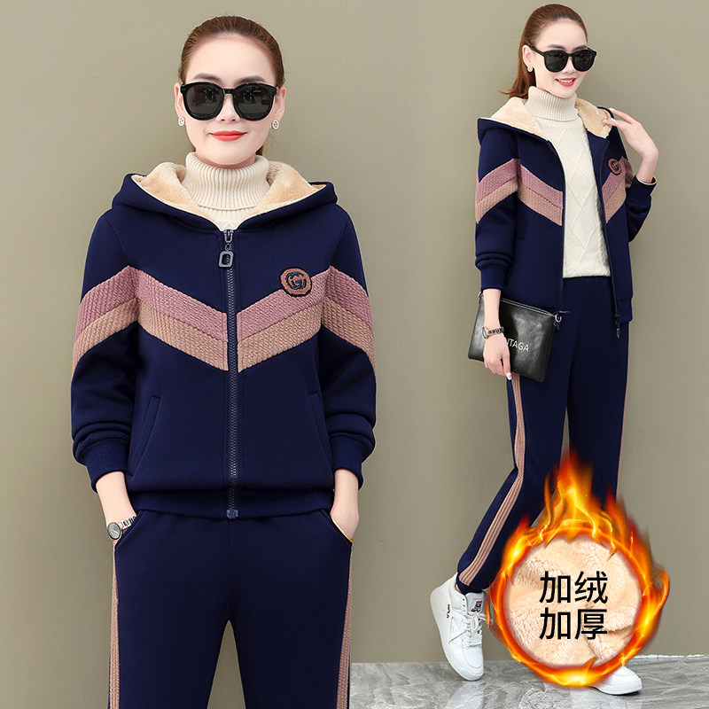 加厚加绒运动套装女2025秋冬季时尚宽松羊羔绒卫衣休闲服两件套潮