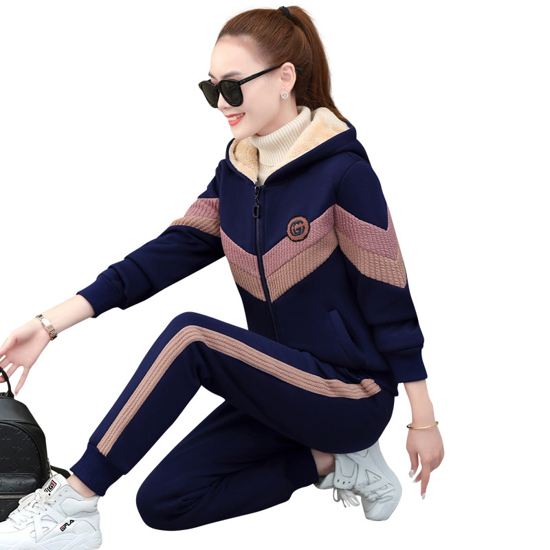 加厚加绒运动套装女2025秋冬季时尚宽松羊羔绒卫衣休闲服两件套潮