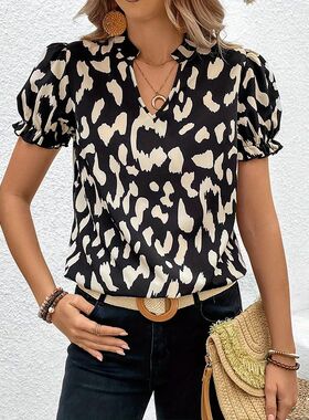 Women's V-neck Leopard Print Summer Top Lace sleeves Chiffon