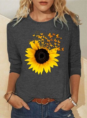 Women's T shirt Tee Butterfly Sunflower Black Blue Gray Prin