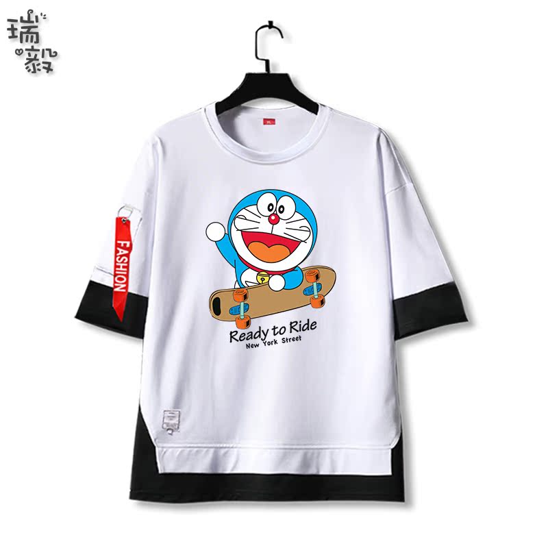 哆啦A梦机器猫叮当猫滑板可爱假两件短袖T恤衫男女儿童装五分中袖