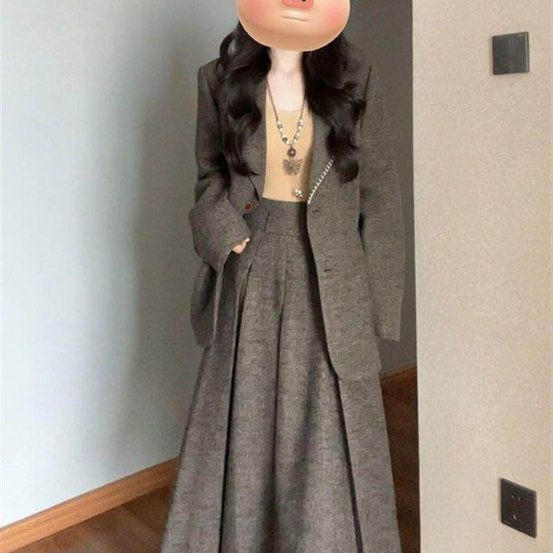 韩系胖mm毛呢外套大码套装女秋冬搭气质收腰遮肉显瘦百褶半身长裙,淘宝优惠券,粉丝福利购,淘宝优惠卷