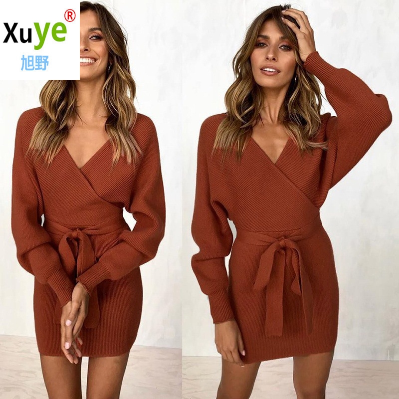 women dress knitted long sleeve ladies sweater dresses-图1