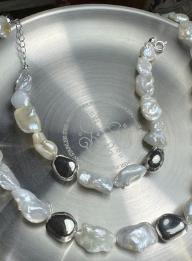 天然淡水项链女锁骨链不规则炫彩蓝大碎银珍珠项链