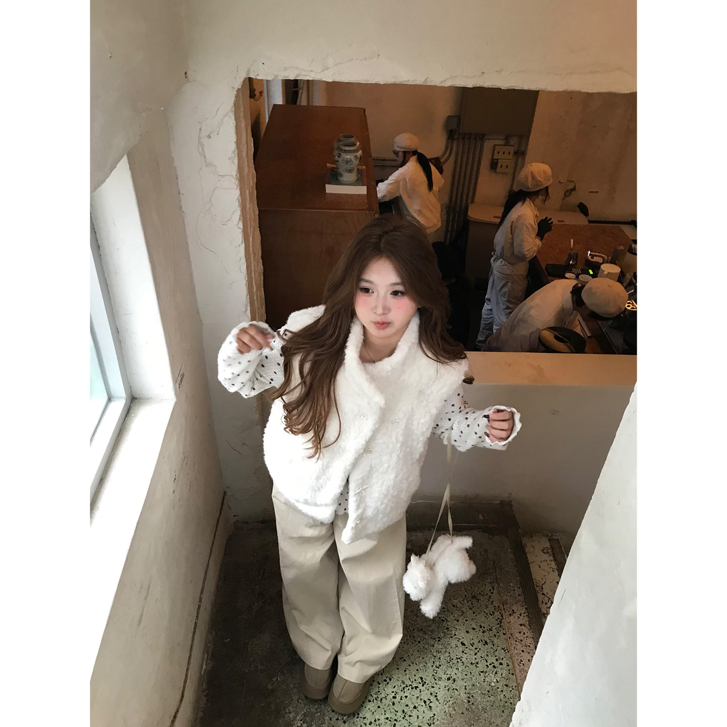 你的鱼 焦糖落日 韩系微胖mm毛绒马甲叠穿波点上衣直筒长裤套装,淘宝优惠券,粉丝福利购,淘宝优惠卷