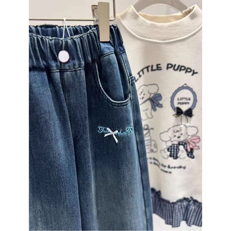 女童绣花加厚牛仔裤儿童时髦春秋冬季宽松直筒裤中大童一体绒裤子 - 图2