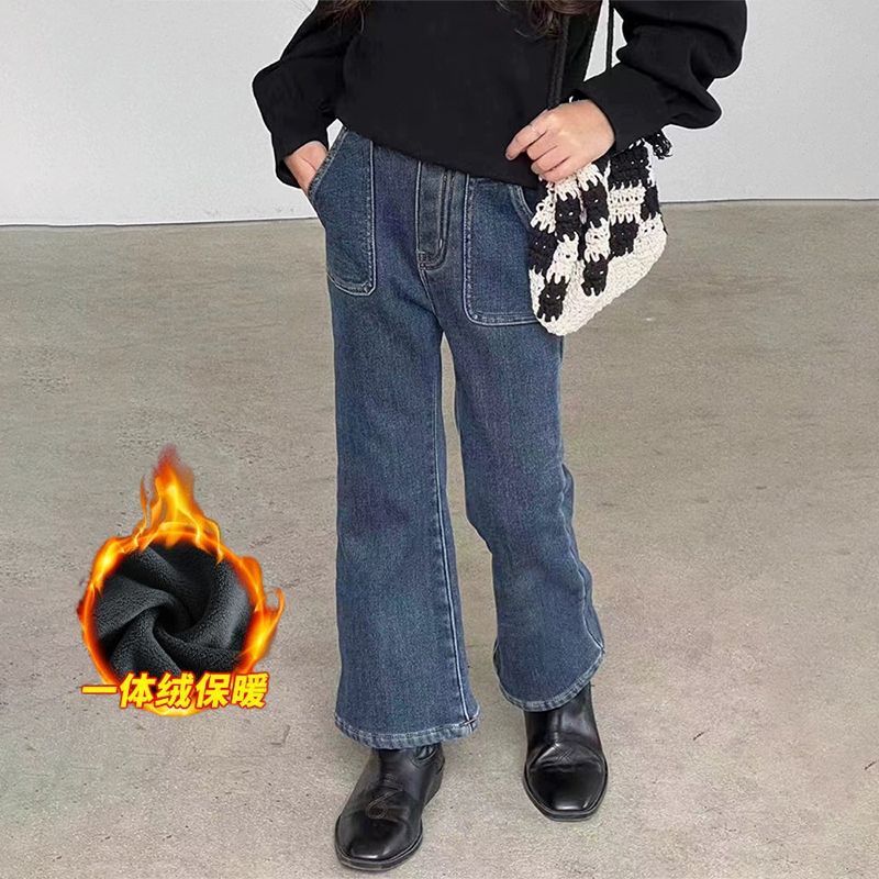 儿童春秋冬季时髦洋气一体绒喇叭裤女孩休闲加厚牛仔裤女童长裤潮 - 图0