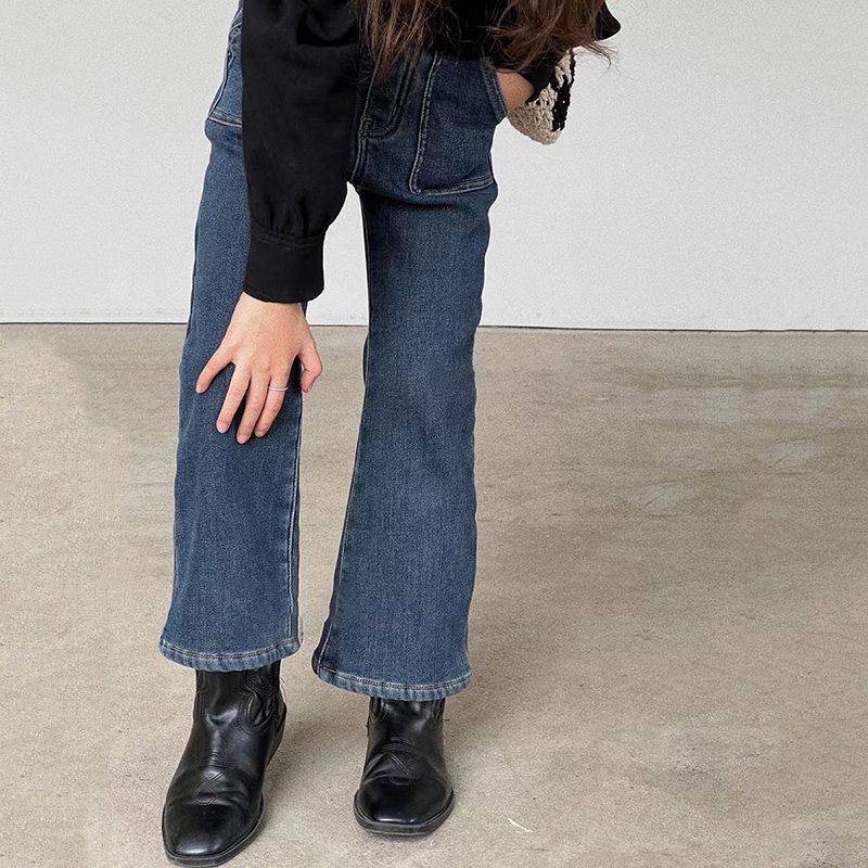 儿童春秋冬季时髦洋气一体绒喇叭裤女孩休闲加厚牛仔裤女童长裤潮 - 图1
