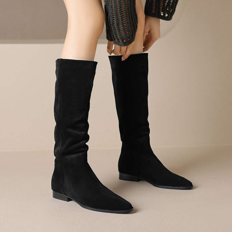 牛翻皮长筒靴平底尖头一脚蹬显瘦及膝靴磨砂皮简约新款高筒骑士靴,淘宝优惠券,粉丝福利购,淘宝优惠卷